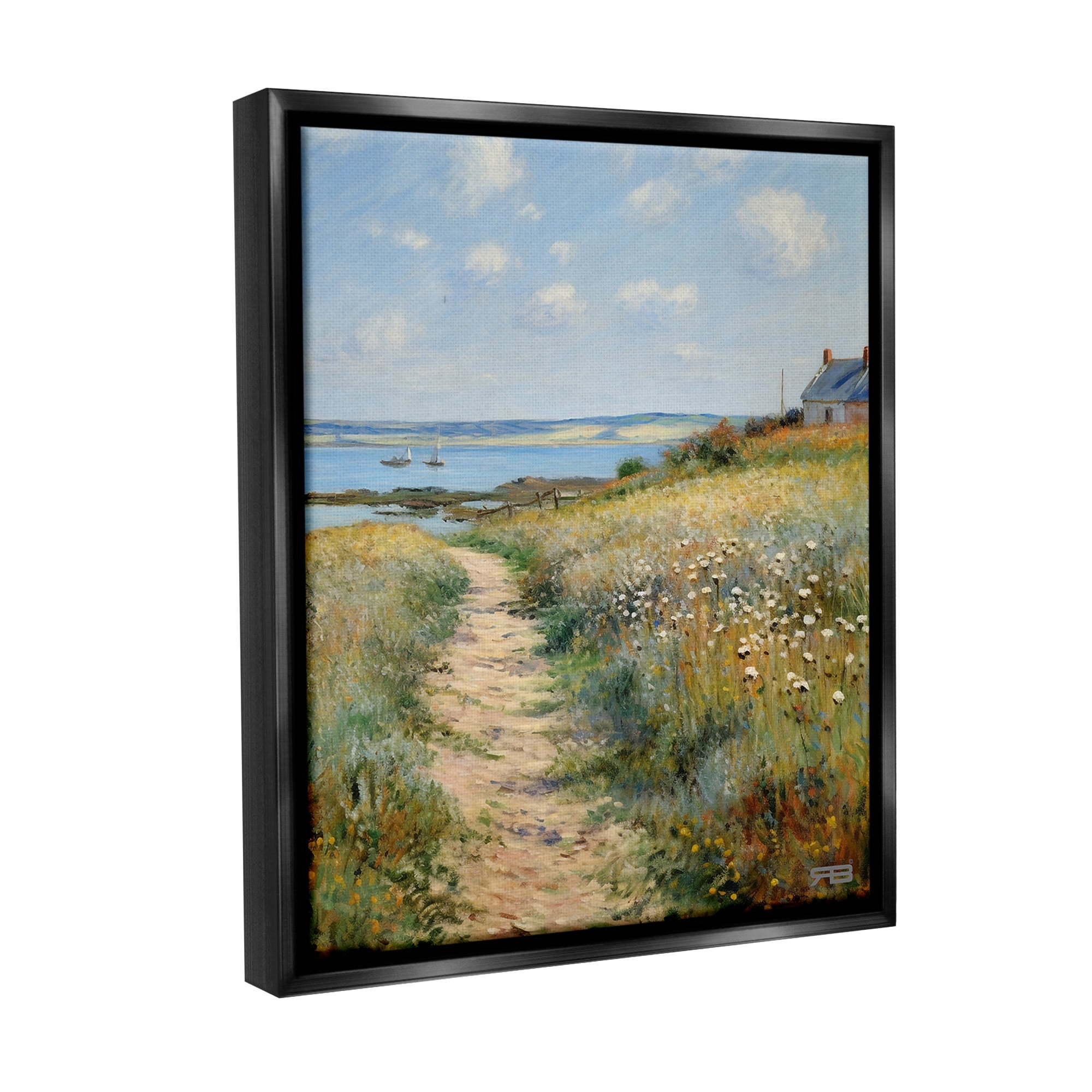 Stupell Industries Coastal Meadow Path Landscape Painting Black Floater Framed Canvas Art Print Wall Art, 17 x 21