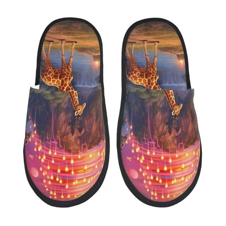 Balery Lantern Giraffes Magical Forest Slient Indoor Furry Fleece Comfort House Shoes Soft Non-Slip Home Shoes Cotton slippers House Slippers-- Large
