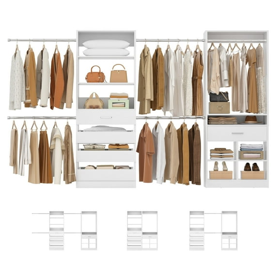 Homieasy Freestanding Wardrobe Closet sets with 5 Wooden Drawers & 4 Hanging Rods, Cubby Storage & Tower Design for Walk-in Closet Organization,White