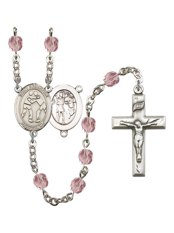 Sebastian-Wrestling Center and 1 3/8 x 3/4 inch Crucifix Gift Boxed St Silver Finish St Sebastian-Wrestling Rosary with 6mm Garnet Color Fire Polished Beads