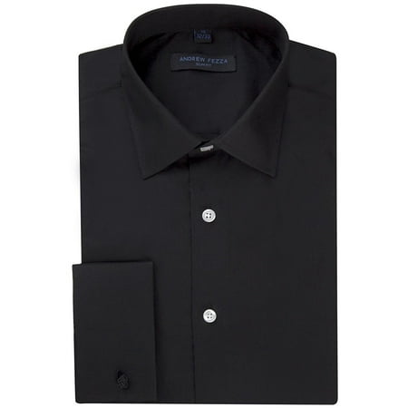 Button Cuff Spread Collar Dress Shirt Andrew Fezza Men's Flex Collar Slim Fit French Cuff Solid Dress Shirt - Black - 17.5 6-7 ()