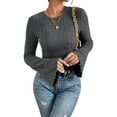 thumbnail image 6 of Lenpel Women's T-Shirts Bell Long Sleeve Crew Neck Ruffle Trim Slim Ribbed Knit Tops Brushed Fleece Tee Blouses(Dark Gray,Medium), 6 of 7