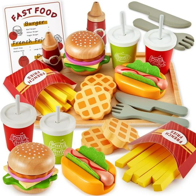 Set de juego de comida rápida de madera Buyger Pretend Toys para más de 3 años