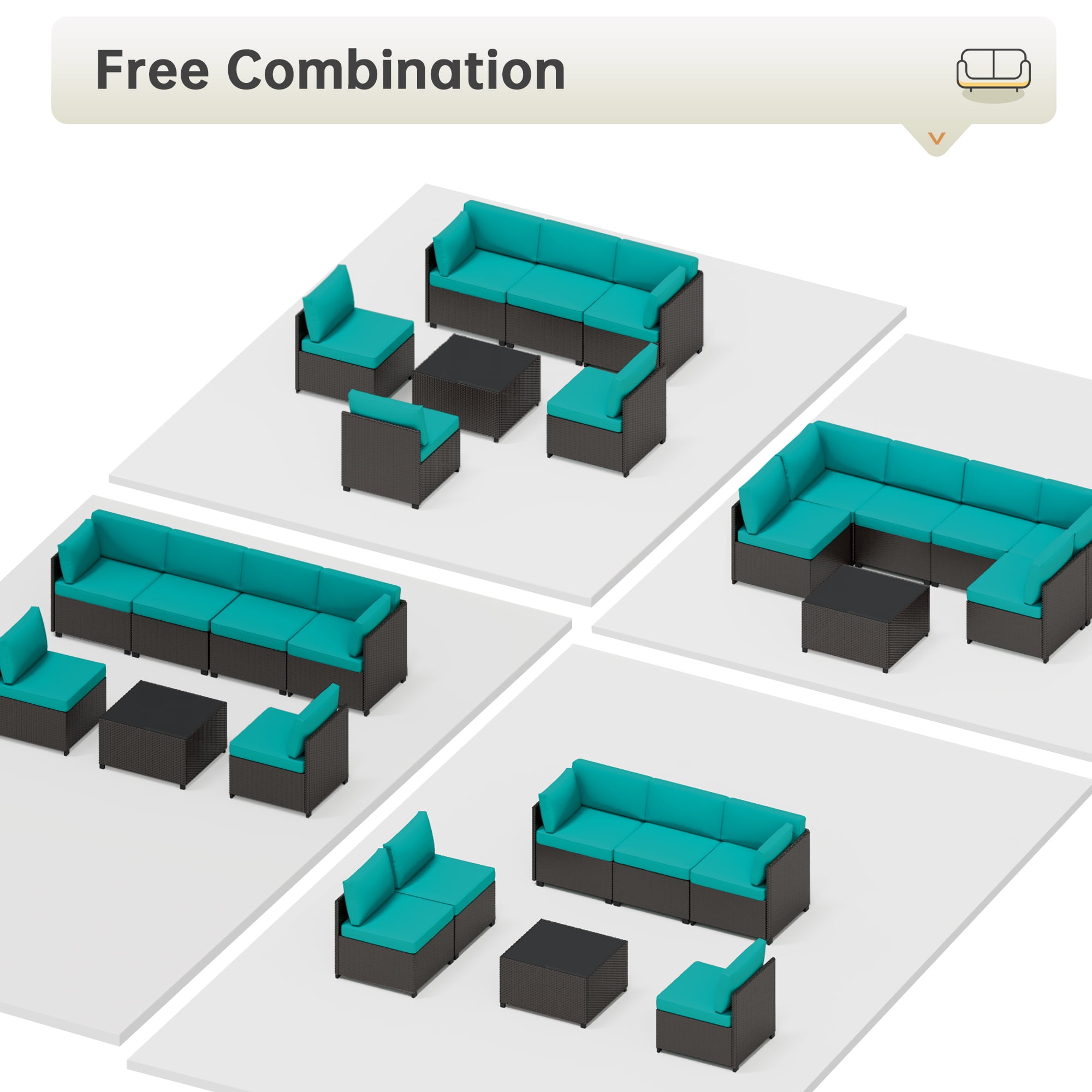7 Piece Patio Furniture Set, Outdoor Furniture Patio Sectional Sofa, All Weather PE Rattan Outdoor Sectional with Cushion and Coffee Table.