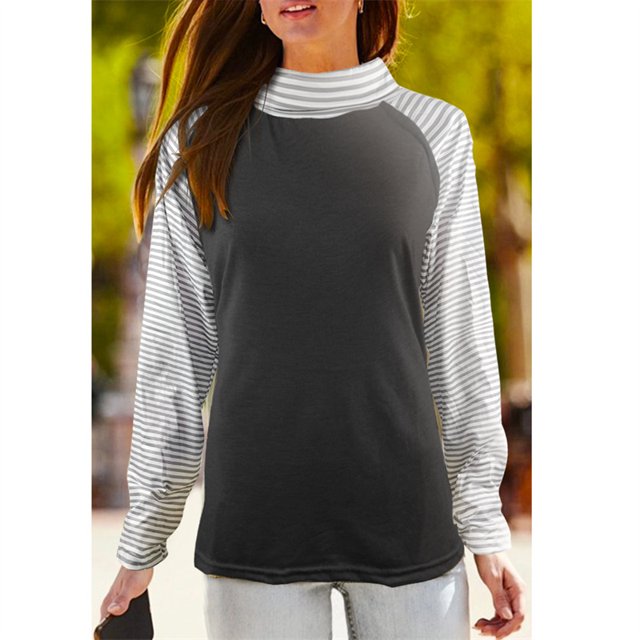 Camisetas elegantes de manga larga con cuello apilado para mujer, ropa holgada de algodón con estampado de mariposa dorada