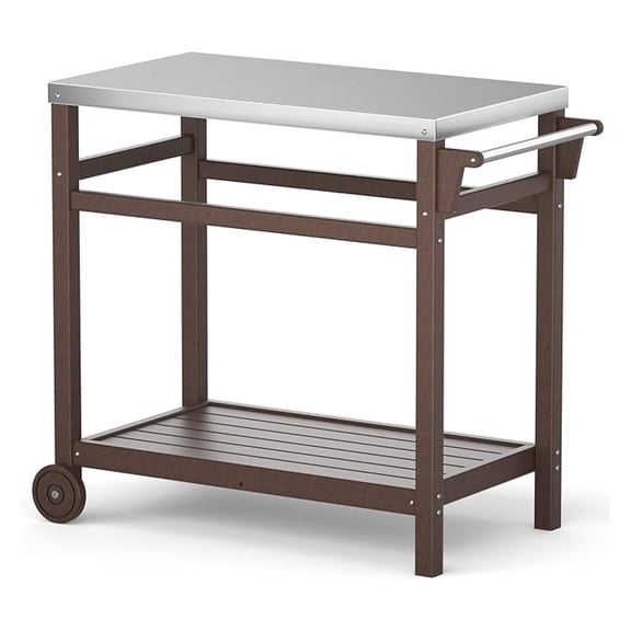 Portable Outdoor Grill Cart with HDPE Legs,Stainless Steel Top&Double-Shelf Storage for BBQ Prep Table，A Long-Lasting Dining Cart Suitable for Outdoor&Indoor Use, Brown