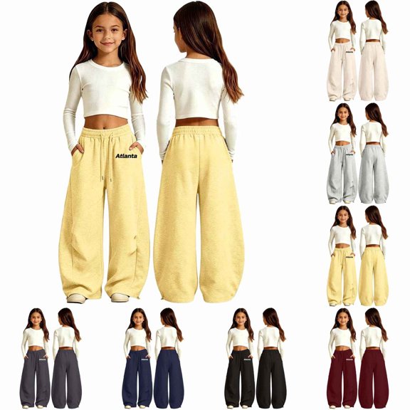 TGPMGRZ Girls Sweatpants Baggy Wide Leg Sweat Pants Open Bottom Barrel Pants for Back to School #01 Black 6-7 Years