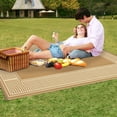 thumbnail image 4 of Waterproof Reversible Outdoor Rug 9x18ft–Modern Striped Edge Plastic Straw Mat, Easy to Clean, Lightweight & Collapsible Carpet for Patio, Deck, Backyard, Camping, RV, Balcony, Beach–Brown Coffee, 4 of 8