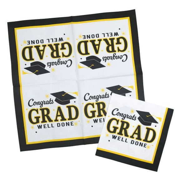 Graduation 18 Count Black, White and Yellow Paper Napkin, 13in x 13in, Adult, Decoration, Graduation, Way To Celebrate