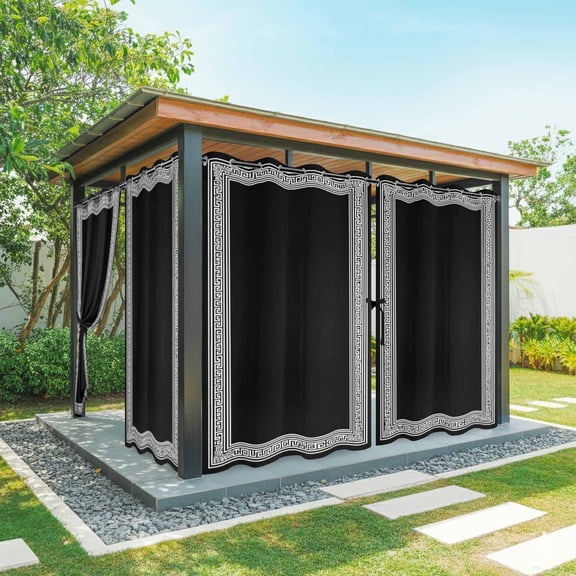 Black White Outdoor Curtains for Patio Waterproof, Geometric Greek Key Bordered Abstract Art Grommet Curtains for Porch Outside Privacy Drape for Gazebo Garden Pergola, 2 Panels, 54x84in