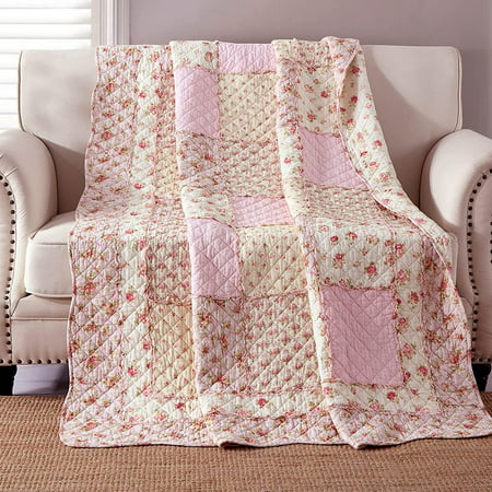 

100% Cotton Floral Patchwork Throw Blanket for Couch Sofa Pink Size 60 x 80 Reversible Lightweight Quilted Bedspread Coverlets Flowers Quilt Soft Garden Comforter Bed Cover for Bed Home Decor