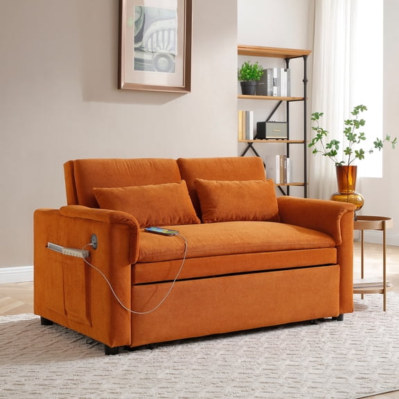 55" Velvet 2-Seater Pull Out Sofa Bed, Convertible Sleeper with Adjustable Backrest, USB & Side Pockets, 3 in 1 Loveseat Lounge for Apartment Living Room,Orange