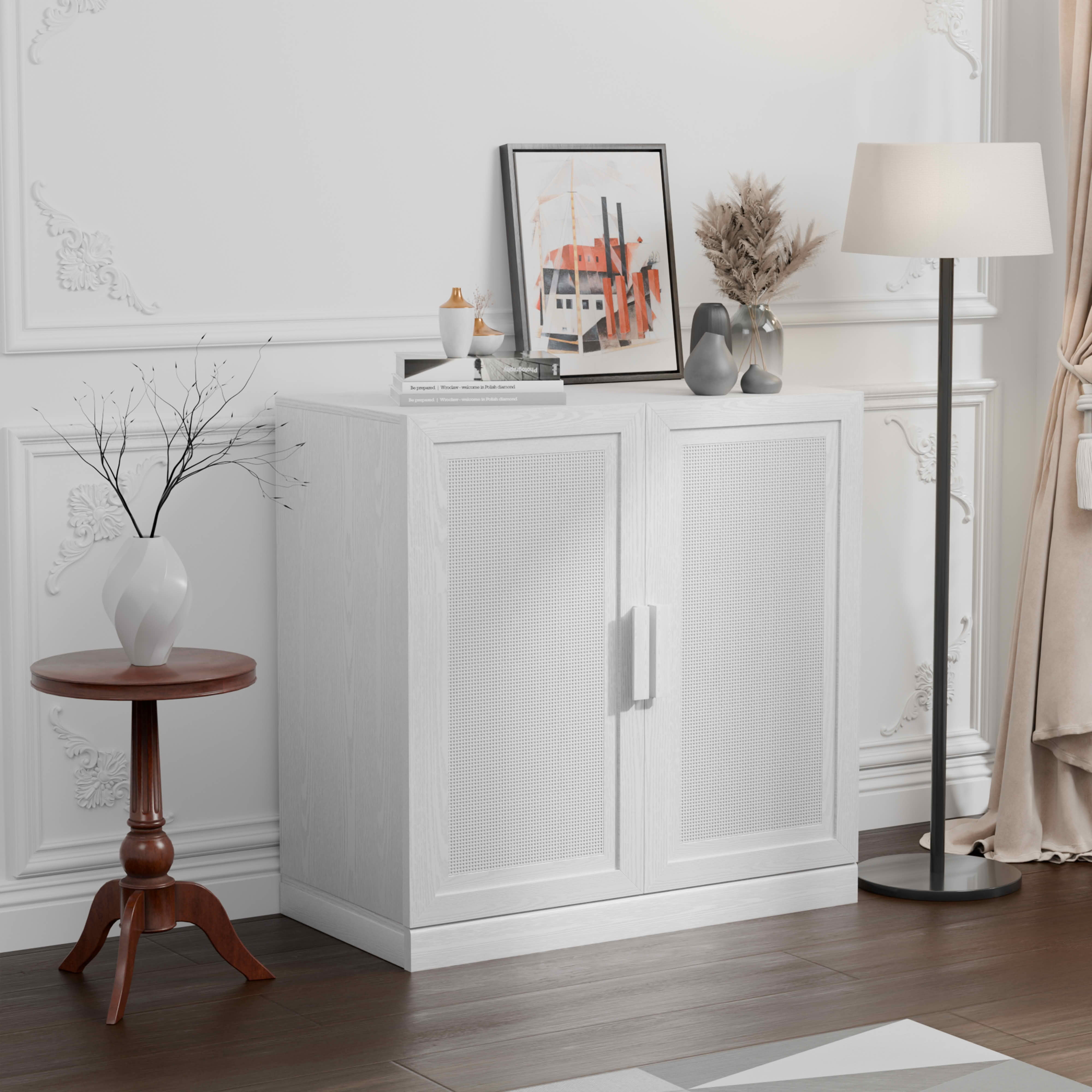MAYEERTY 31x31x16 Inch White Wood Grain Storage Cabinet with Rattan Door for Living Room