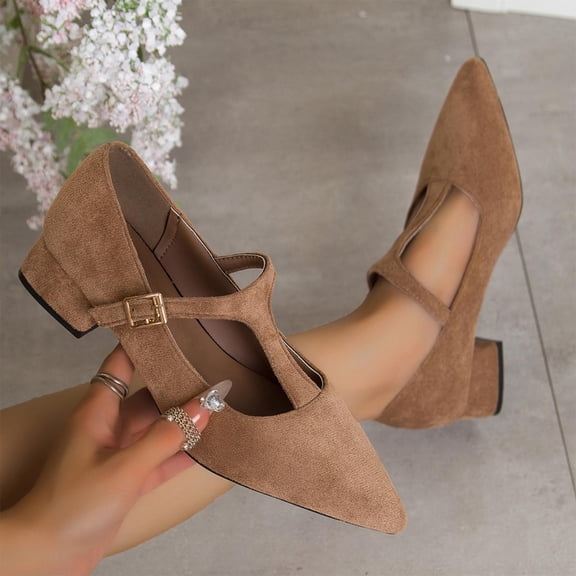 DIVVce Suede T-Strap Mary Jane Heels For Women Pointed Toe Adjustable Buckle Comfort Footwear