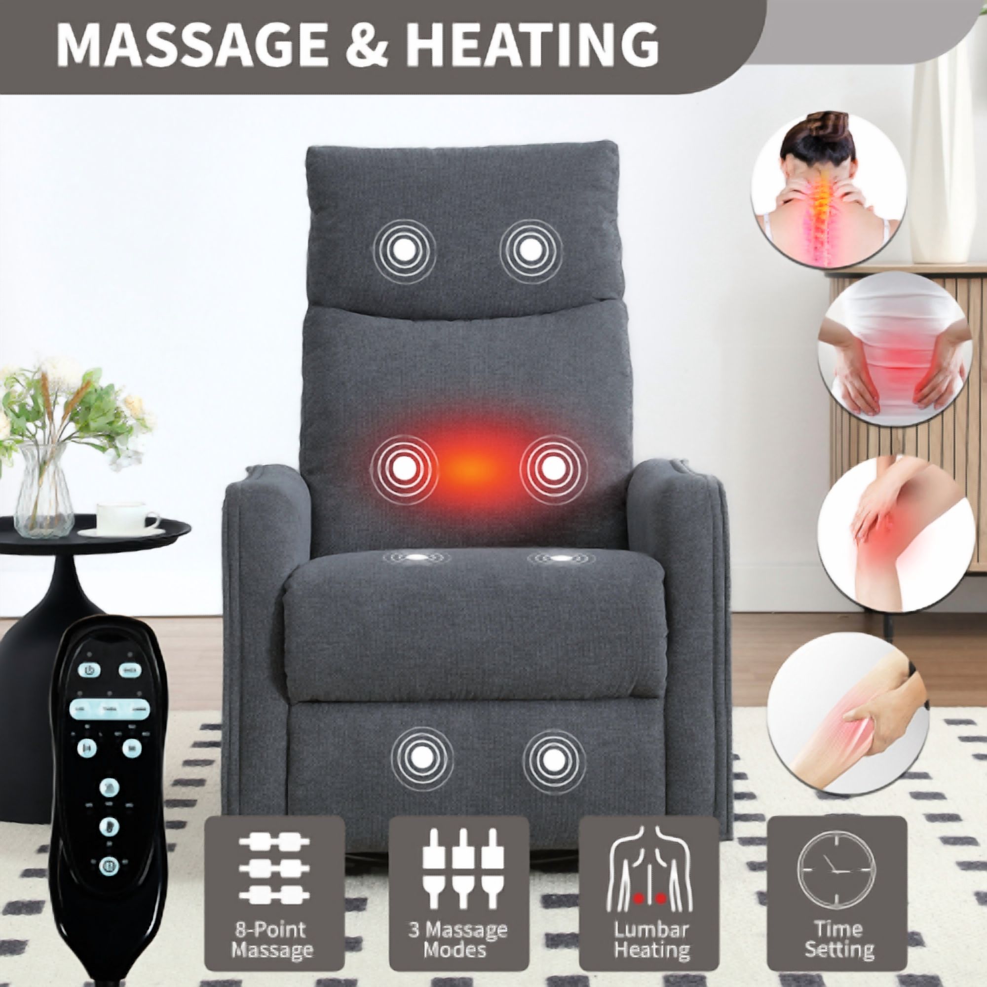 Leumius Recliner Chair with Massage and Heat,360° Manual Swivel Rocker Chair for Adults,Upholstered Fabric Glider Recliner Nursery Chair with Side Pockets for Living Room,Dark Gray