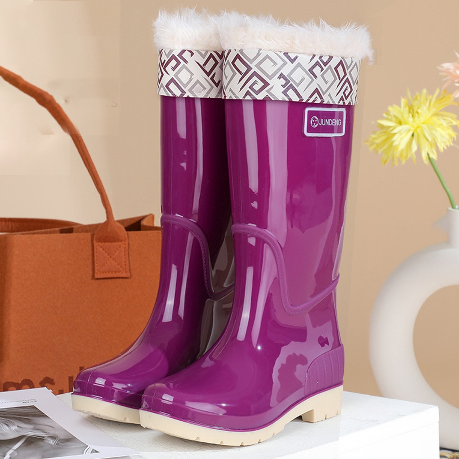 Ticikt Rain Boots for Men Women, Waterproof Rubber Boots with Unique Design, Comfort Lightweight Work Mud Boots, Garden Boots for Farming Gardening Fishing,Color:Purple,Size:35