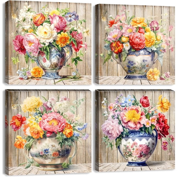 Rustic Flower Pictures Wall Decor Peony Floral Wall Art for Bedroom Living Room Farmhouse Ceramic Vase Wooden Background Wildflower Chinoiserie Painting Canvas Artwork Home Decorations 12x12 4 Pcs