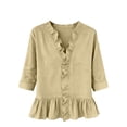 thumbnail image 6 of Yrmaups Women Plus Size 3/4 Sleeve Ruffle Blouse, Summer V Neck Button Down Casual Top, Office Daily Wear Soft Flowy Peplum Shirt, Khaki 3XL, 6 of 6