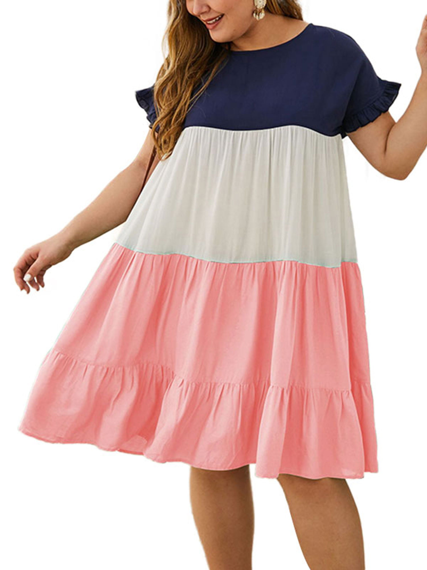 Womens 2021 Plus Size Casual 3/4 Sleeve Sundress Ruched Stretchy T Shirt Plain Dresses Summer Loose Ruffle Midi Dress 
