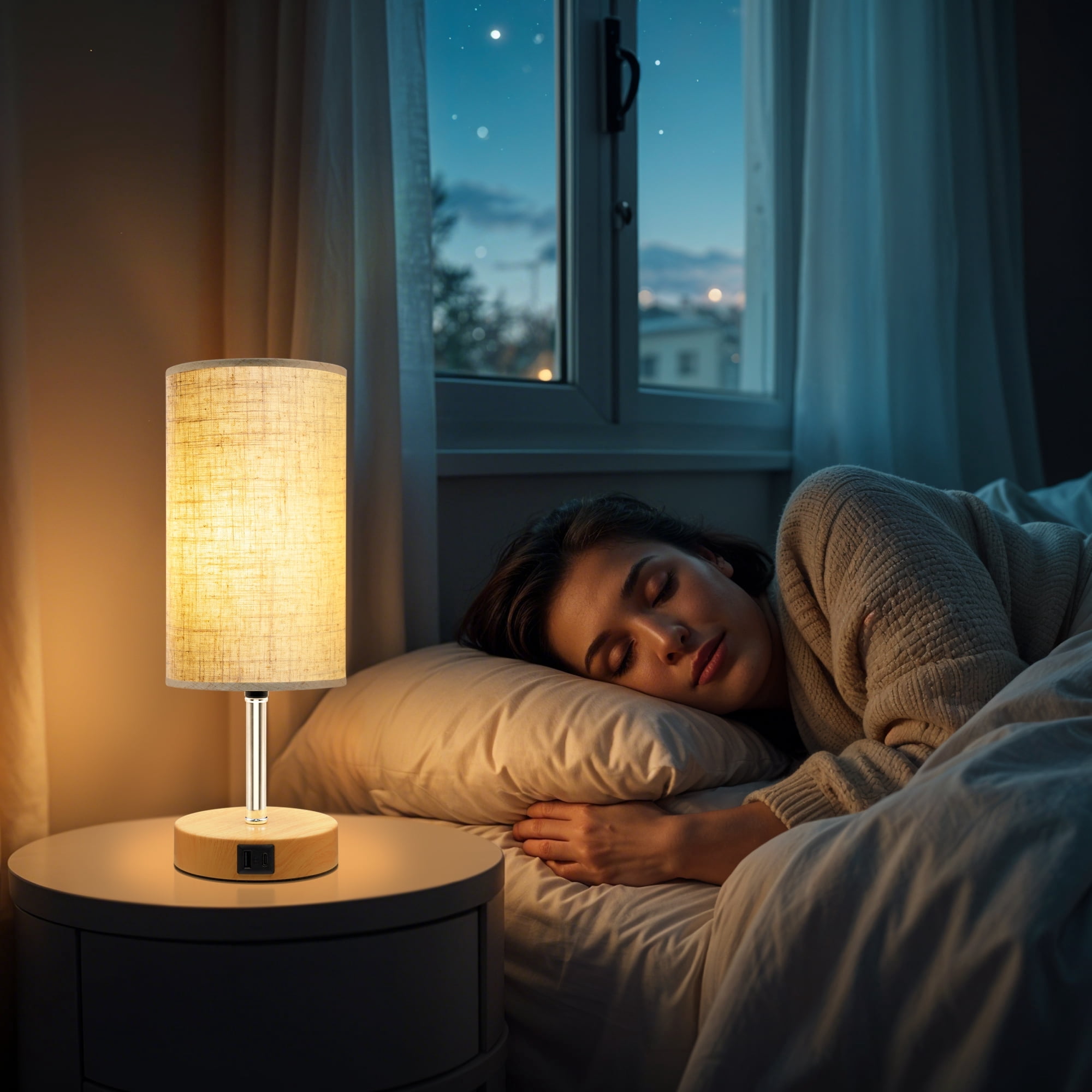 Sentryse 2Pcs Bedside Table Lamp for Bedroom, 3 Way Dimmable Touch Table Lamp with USB A&C, Round Linen Shade Small Desk Lamp, Nightstand Lamp for Bedroom, Dorms, Living Room, Office