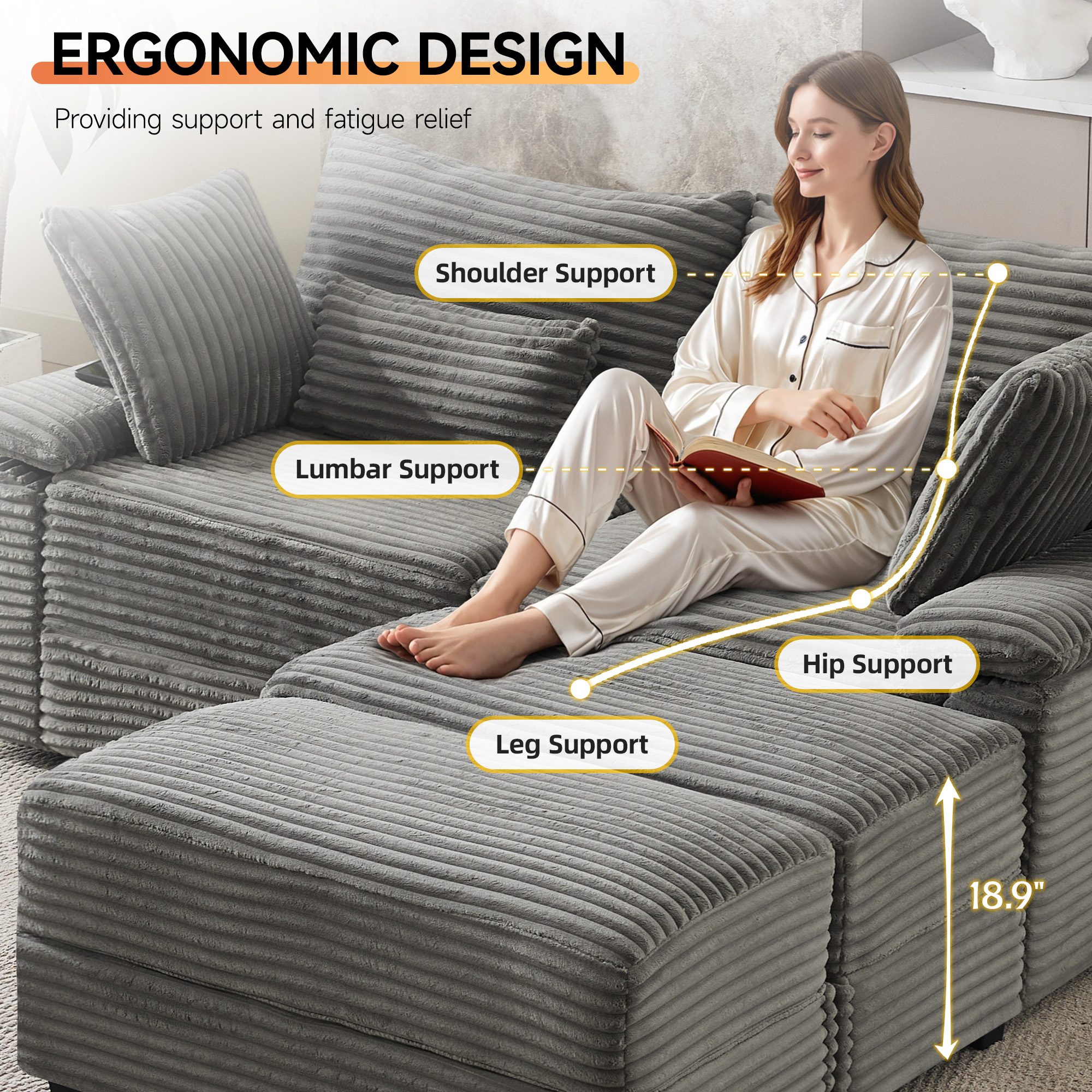 Corduroy Upholstered Sofa for Living Room,Modern Deep Seat Comfy Loveseat Couch with 2 Ottomans,Gray
