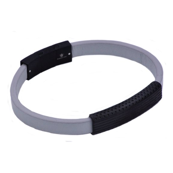 Arista Men's Grey Leather Bracelet in Black Plated Solid Stainless Steel, 8"