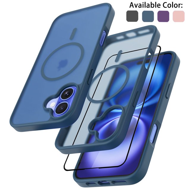 Magnetic for iPhone 16 Plus Case with Tempered Glass Screen Protector, Compatible with MagSafe Military Grade Drop Protection Shockproof Phone Case Rugged Cover for iPhone 16 Plus - Blue