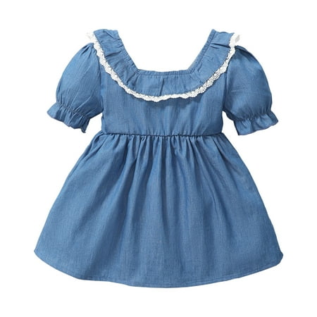 

OLLUISNEO Infant Baby Girls Summer Dress Crew Neckline Lotus Leaf Collar Short Sleeve Dress 18-24 Months Blue