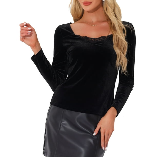 Top de terciopelo para mujeres con contraste de encaje en V, camisetas de manga larga elegantes, blusas negras XS