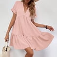 thumbnail image 2 of Dpytoraw Women's Ruffles Fresh And Sweet V Neck Solid Color Large Swing Casual Skirt Dress, 2 of 4