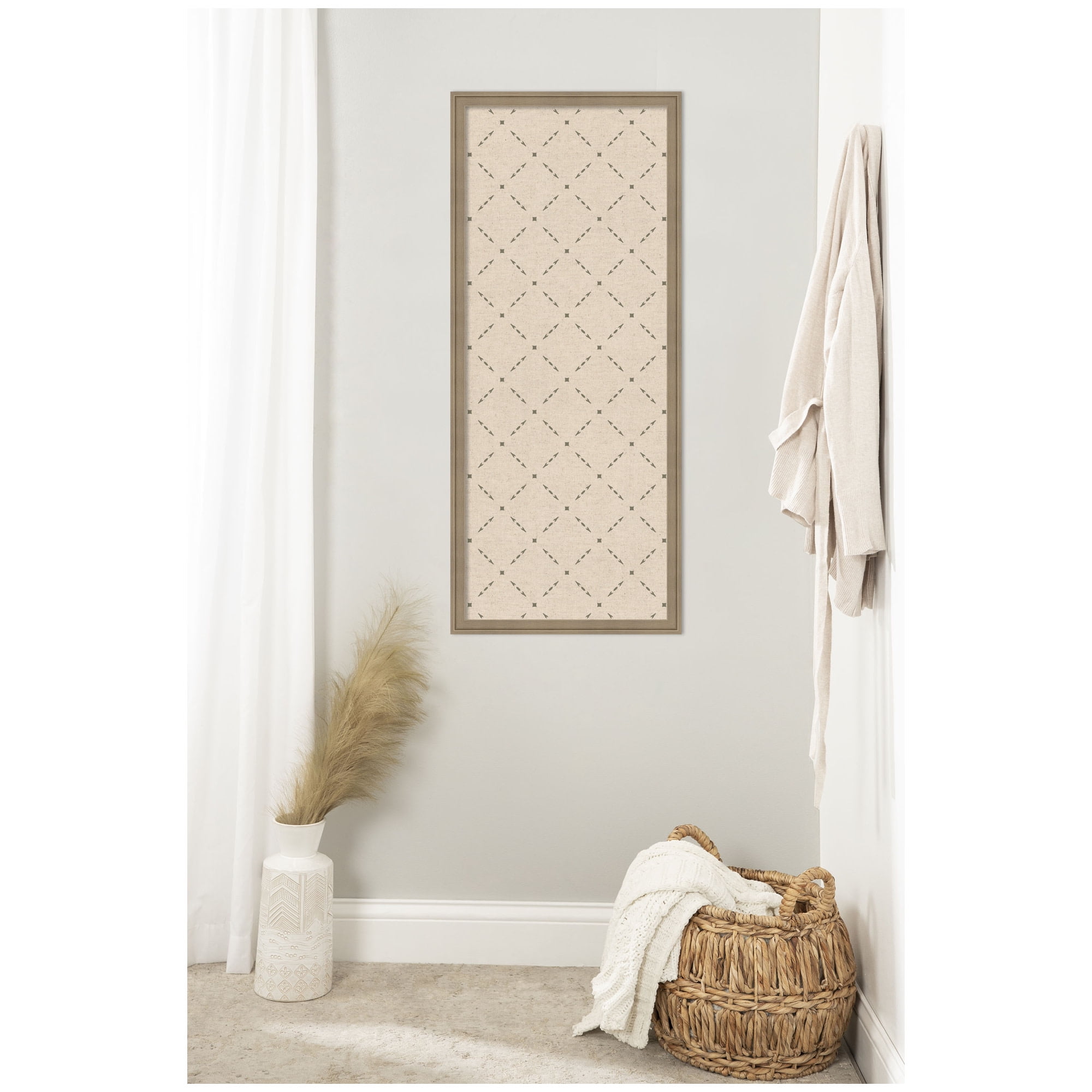 Kate and Laurel Framed Fabric Pinboard 18 x 42, Green Lattice Pattern Printed Linen Classic Bulletin Board for Use as a Vision Board or Wall Organization, Florence Light Brown Frame