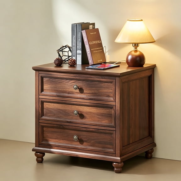 Buildhom 24" Farmhouse Nightstand with Charging Station, 3-Drawer Wood End Table for Bedroom, Living Room, Brown