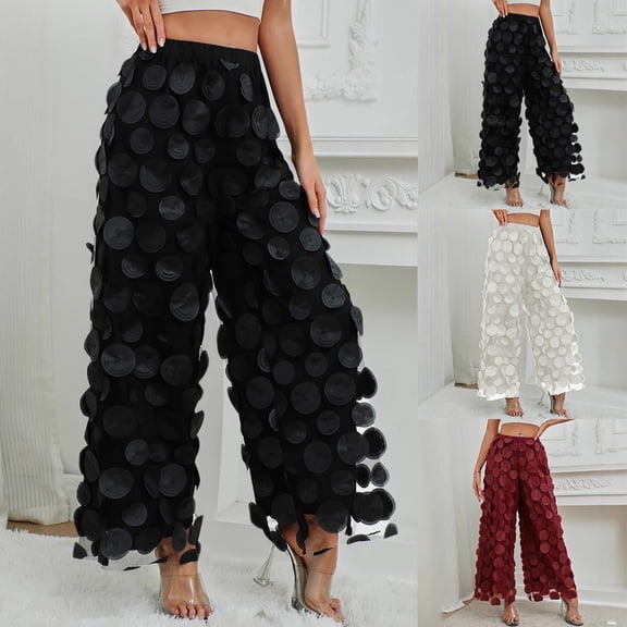 Womens Plus Size Pants Elegant Polka Lace Trimmed Straight Leg Trousers Casual Loose Streetwear Black L