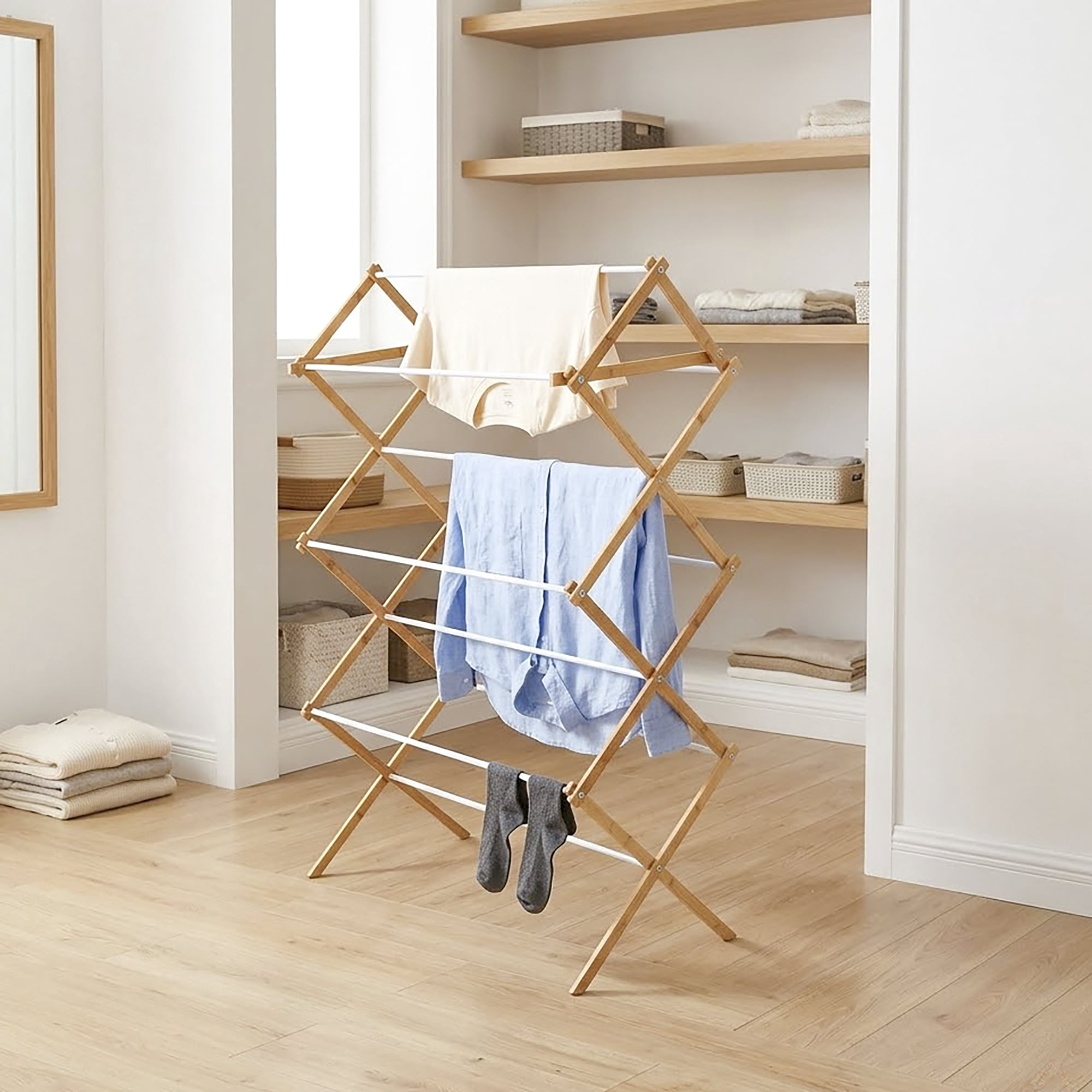 Mainstays Bamboo Laundry Drying Rack, 7-Level Space-Saving Collapsible Design