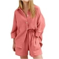 thumbnail image 2 of Mqqzkk Women's Summer 2 Piece Sets Long Sleeve Button Up Shirts Elastic Waist Matching Short Sets Beach Vacation Cruise Outfits, 2 of 6