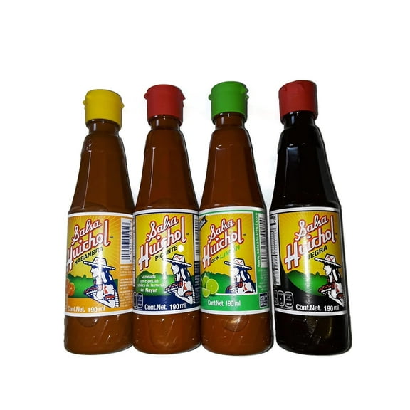 Set of 4: Gourmet Salsa Huichol Hot Sauce, with Lime   Habanera Roja & Salsa Negra, 6.5 oz bottles