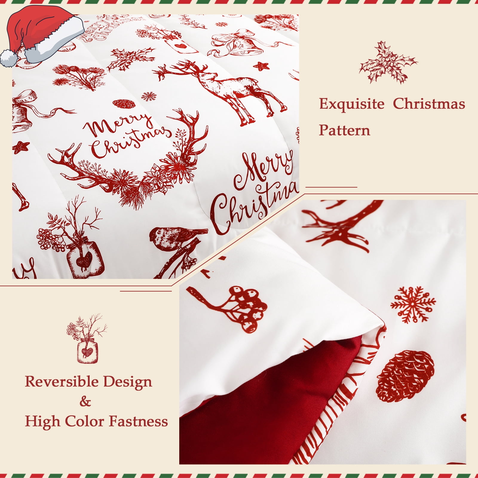 Exclusivo Mezcla Christmas Twin Size Comforter Set, 2 Pieces Reversible White and Rust Red Down Alternative Comforter Sets, Printed Christmas Reindeer Wreaths Pattern