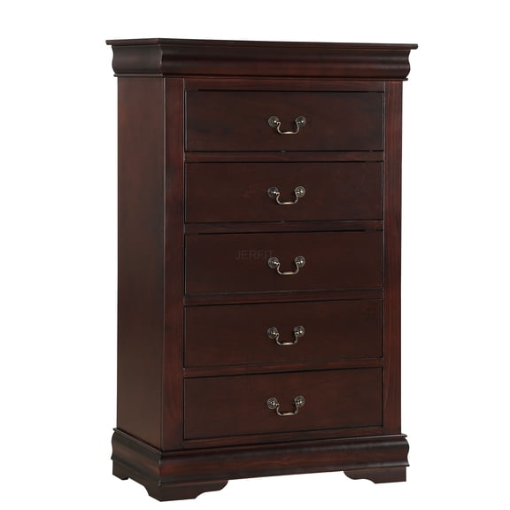 JERFIT 5-Drawer Chest Dresser, Solid Wood Storage Cabinet with Soft-Close Drawers, Cherry Finish Louis Philippe Style Bedroom Furniture