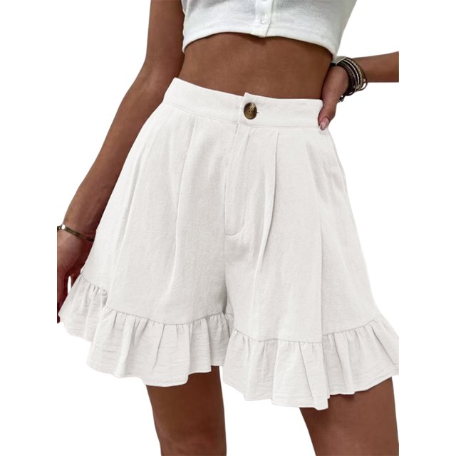 Txlixc Pantalones cortos casuales de verano para mujer, pantalones de pierna ancha de cintura alta de color sólido con dobladillo con volantes, S/ M/ L/ XL/ XXL Txlixc Estilo de ocio