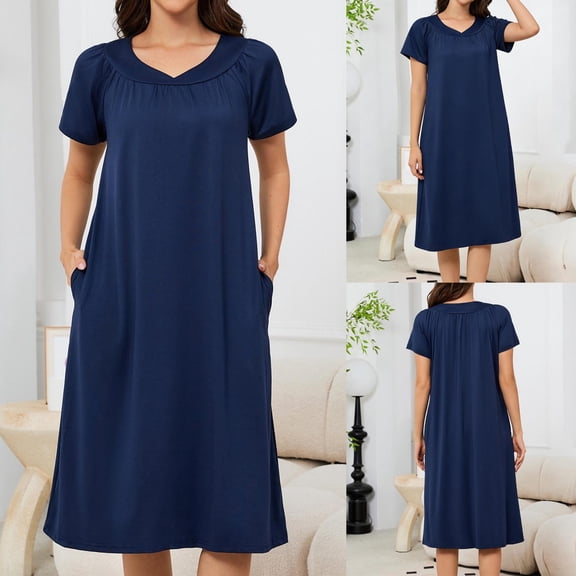 dazeni Oversized Sleep Dress for Women Short Sleeve Nightgown with Pockets Loose Casual Crewneck Nightdress Soft Loungewers House Dress Navy S