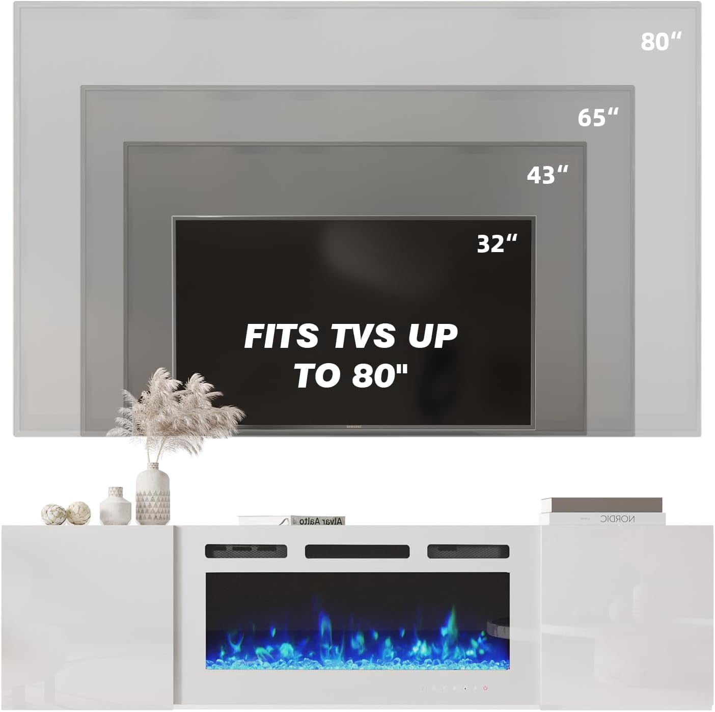 MELLCOM 70'' Floating Fireplace TV Stand with 36'' Electric Fireplace, Entertainment Center with 12 Color Led Lights, TV Console for TVs up to 80'' for Living Room, White