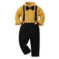 thumbnail image 5 of YWIYIUD Boys Suits 2 Pieces Toddler Boy Formal Gentleman Suits Short Shirt with Bowtie Suspender Pants Boy Gentleman Wedding Outfits Toddler Clothes Summer Short Sets Home Wear Yellow 6-9 Months, 5 of 9