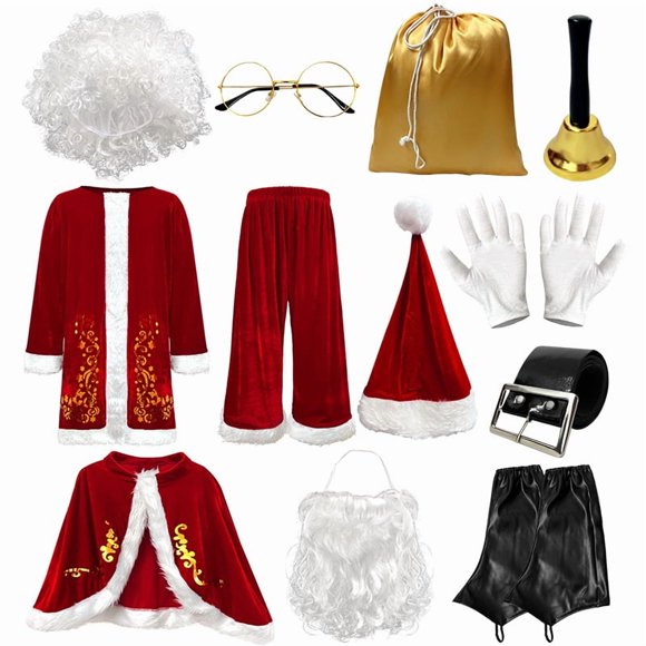 Men’s Santa Claus Costume Set – 12-Piece Christmas Suit with Gold Foil Print, Laser Patent Leather Jacket & Pants, Holiday Performance Outfit