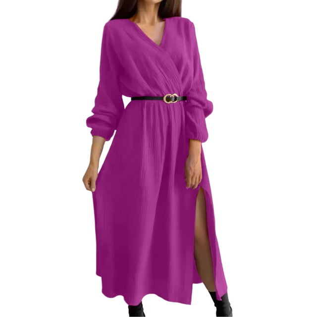 Robe pour Femmes Col en V Taille Cintrée Manches Longues Jupe Longue Unie