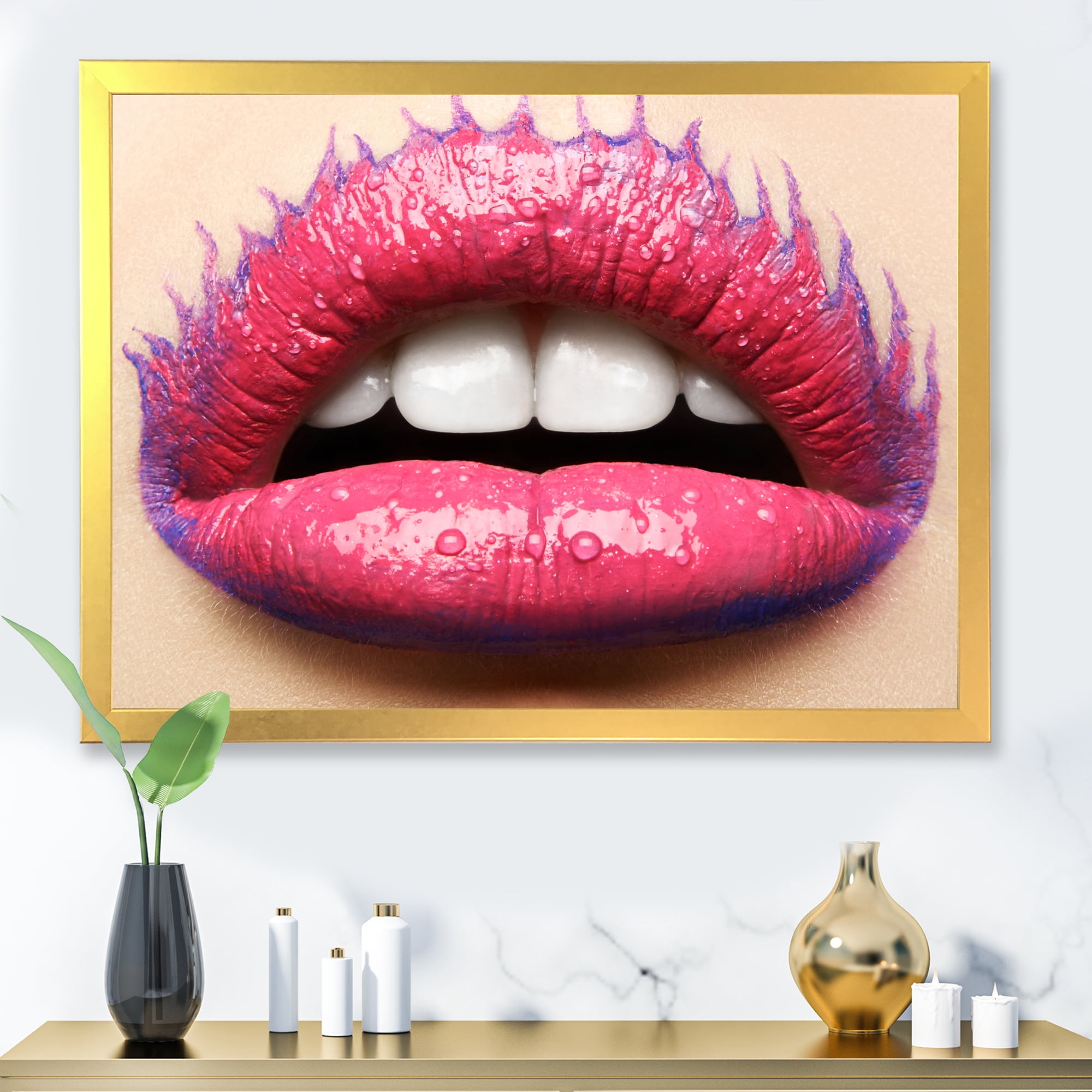 Designart 'Beautiful Woman Lips With Pink Lipstick' Modern Framed Art Print