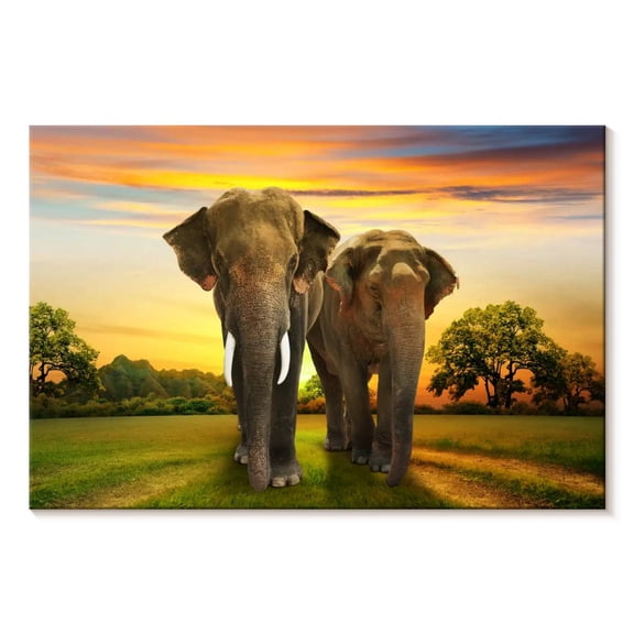 Elephant Stock Elephant Sunset Duo Wall Art - Horizontal Canvas Wall Art - Living Room Wall Decor - Animal Canvas - Green And Gray Decor - 12" x 8"