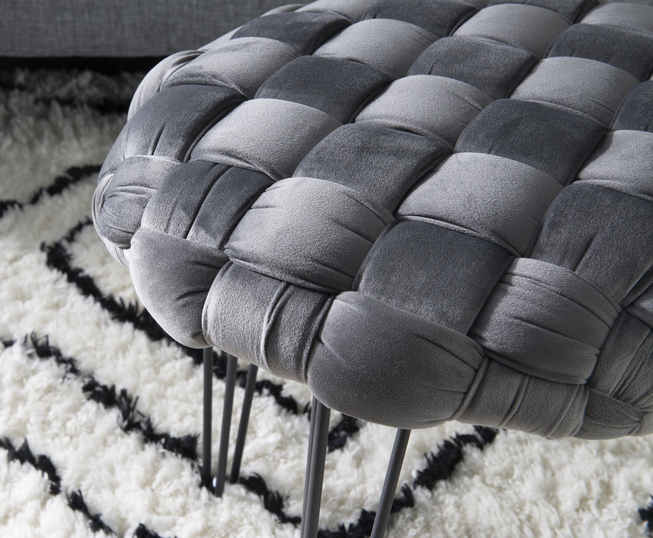 Powell Anya Round Handwoven Velvet Ottoman with Hairpin Legs, Gray