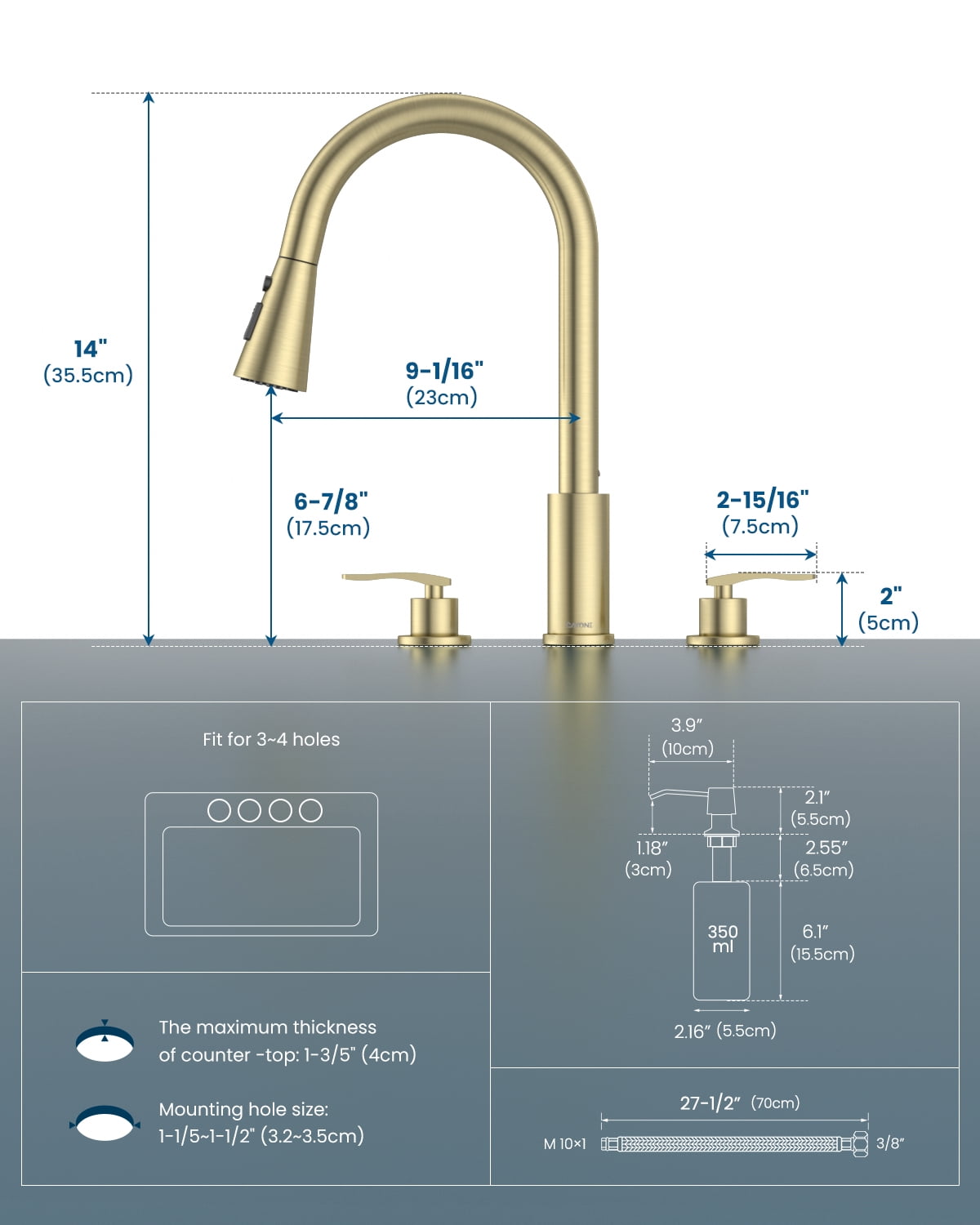 DAYONE Brushed Gold 3 Hole Kitchen Faucet with Separate Handle and Pull Down Sprayer, 2 Handle Sink Faucets for Kitchen/RV with Soap Dispenser Stainless Steel