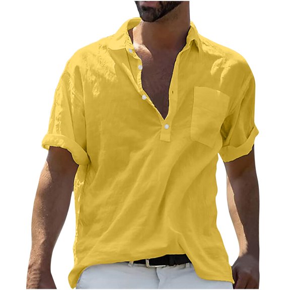 BLVB Cotton Linen Shirts for Men Button up Short Sleeve Tops Casual Loose Summer Beach Blouse Tees