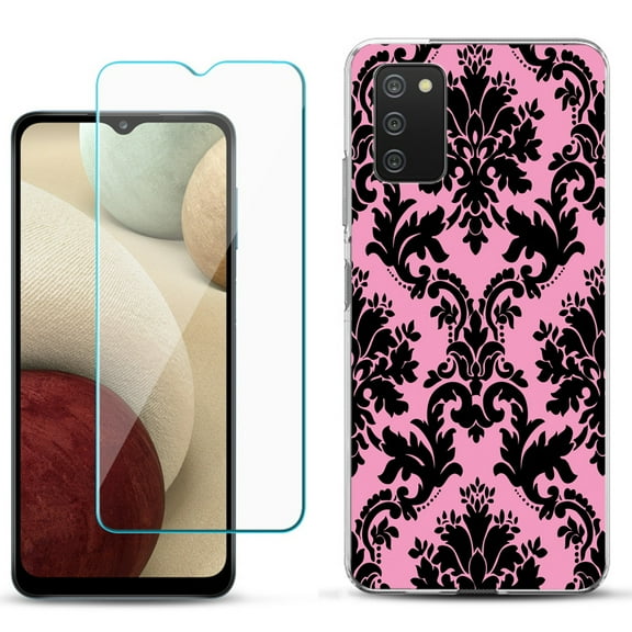 Slim-Fit TPU Phone Case Compatible with Samsung Galaxy A02s, with Tempered Glass Screen Protector, by OneToughShield ® - Victorian Pink/Black